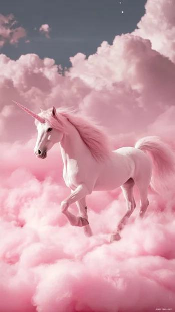 Pink haired unicorn walking on cotton candy in this Unicorn iPhone background aesthetic.