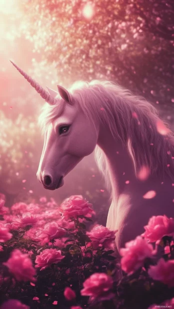Pink roses bloom as a unicorn passes by in this fantasy wallpaper Pink Unicorn edition.