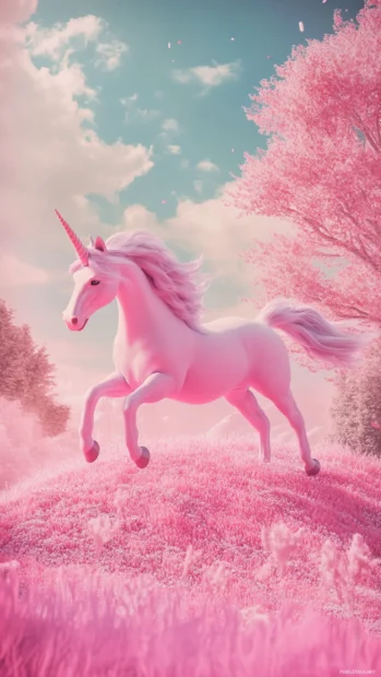 Pink sky and unicorn gliding gently over candy fields in this Pastel aesthetic unicorn theme.
