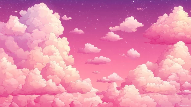 Pink sky, calm, clouds float, glowing in sunset light.