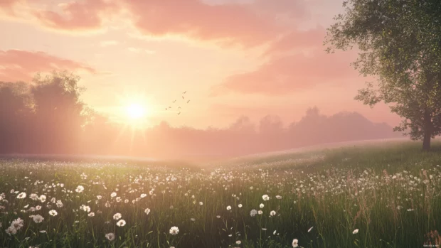 Pink sky, rays break clouds, gentle light over calm landscape.