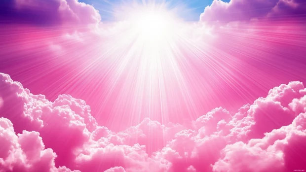 Pink sky, sun rays cut clouds, casting soft shine on landscape.