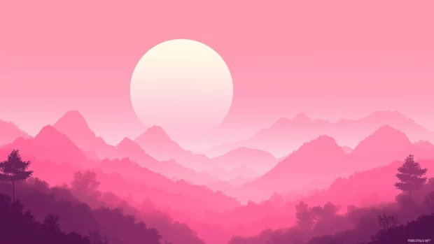 Pink sky with light clouds, rays break through, golden hour feel.