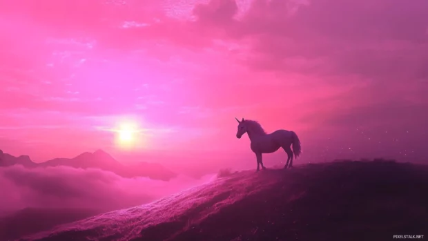Pink twilight glows as a unicorn stands on a shimmering hill.