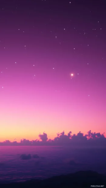 Pink twilight sky shifts to deep purple, stars twinkle as night falls.