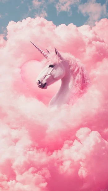 Pink unicorn aesthetic wallpaper with a smiling unicorn inside a heart cloud.