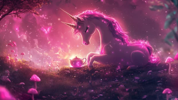 Pink unicorn aesthetic wallpaper with unicorn sipping tea beside glowing mushrooms.