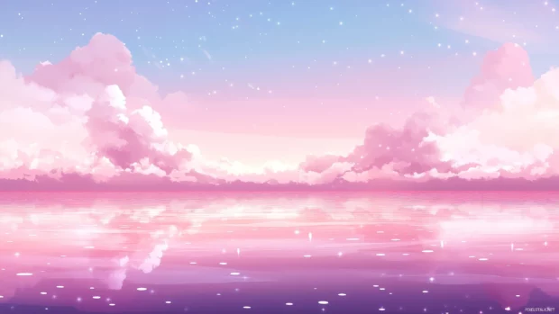 Pinkish hue serene Anime sky reflects on calm ocean, gentle clouds under soft sunset.