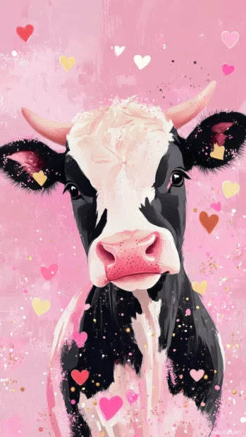 Playful Strawberry Cow surrounded by hearts and sparkles in this Strawberry Cow pastel background.