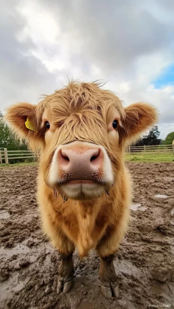 Portrait of Highland cow with thick fur in this Cute Highland cow face background.