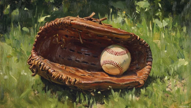 Portrait of a baseball glove and ball on green grass.