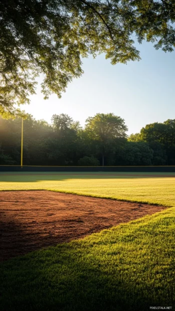 Portrait shot of baseball field in early morning light.