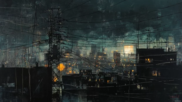 Power lines crisscrossing above the black city rooftops.