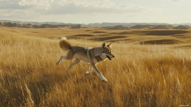 Powerful stride captured mid air in this realistic running wolf wallpaper in a wild grassy plain.