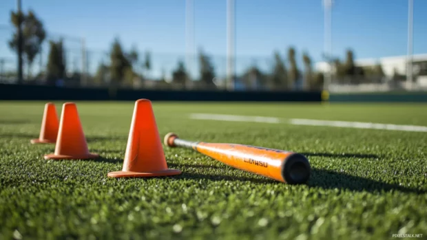 Practice baseball bat beside cones on turf field.