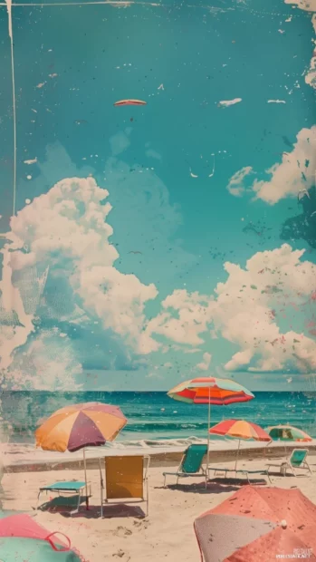Preppy beach style with umbrellas, chairs, and scenic ocean view.