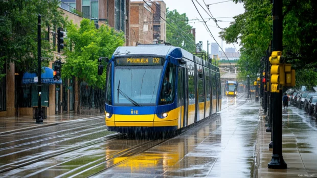 Public transit rolling through heavy rain downtown.