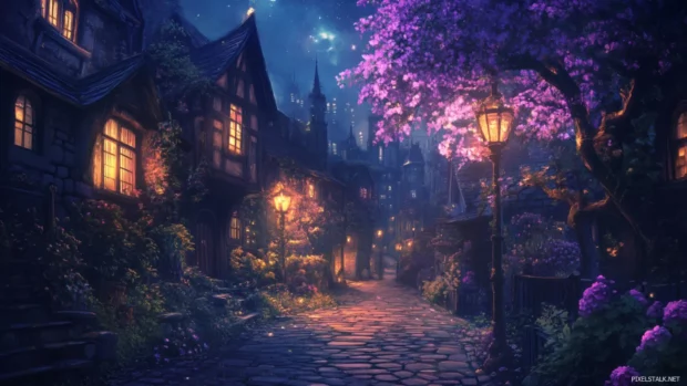 Quiet corners glowing gently in the Nighttime City Desktop Wallpaper.