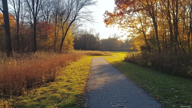 Quiet countryside path under warm morning glow.