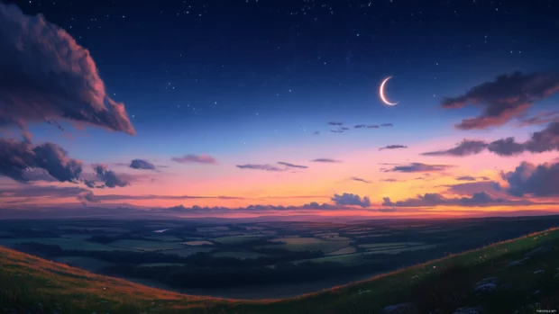 Quiet rural landscape enchanting evening sky crescent moon and Venus shining brightly.