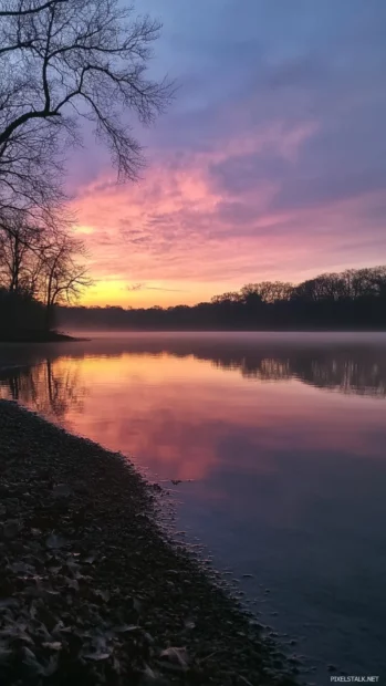 Quiet shoreline bathed in the first colors of sunrise.