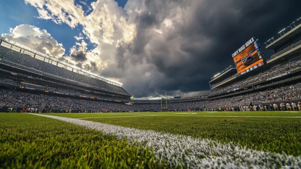 Quiet stadium before game time with dramatic clouds overhead.
