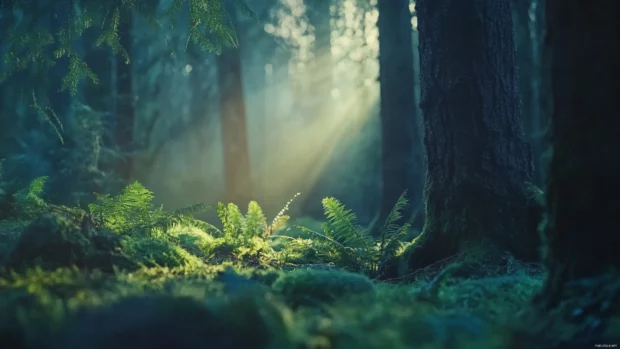 Quiet sunrise light filters through the tranquil forest.