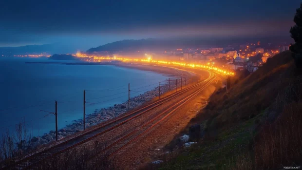 Rail lines gleam under the constant glow of City Lights.
