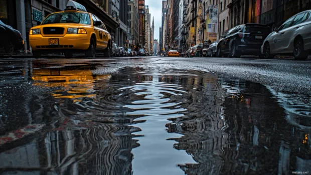 Rain drops creating ripples in city street puddles.