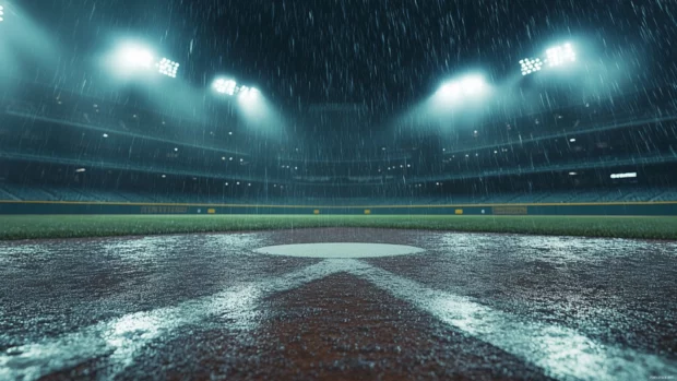 Rain falling on an empty baseball park with glowing floodlights.