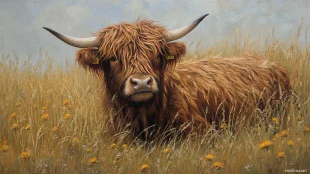 Rain kissed Highland cow in a windswept meadow.