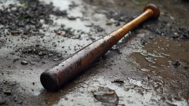 Rain soaked baseball bat left behind after practice.