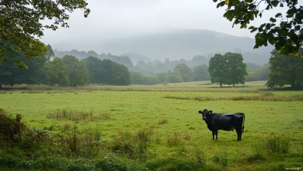 Rain soaked field with cow staring into distance.