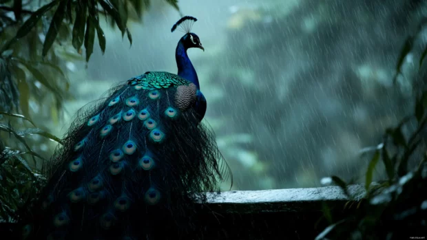 Rain soaked peacock feathers glowing from behind.