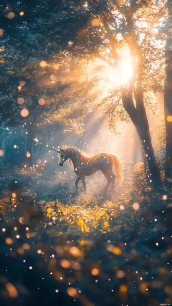 Rainbow Unicorn iPhone wallpaper featuring a dreamy forest scene with magical light surrounding the unicorn.