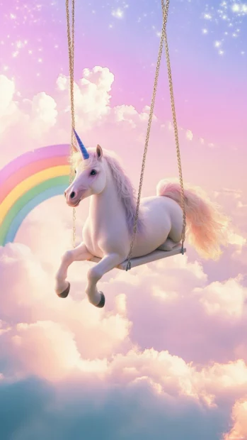Rainbow Unicorn iPhone wallpaper with a unicorn sitting on a rainbow swing above the clouds.