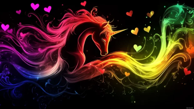 Rainbow Unicorn wallpaper where the unicorns mane is glowing in every color with floating hearts.