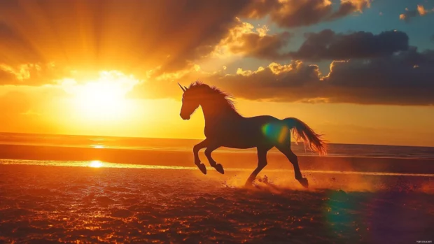Rainbow Unicorn wallpaper with a majestic unicorn galloping under a glowing rainbow sky.