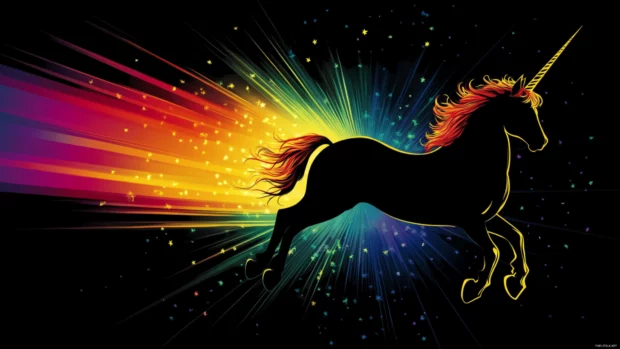 Rainbow beams burst behind a rearing unicorn in this dramatic and magical Rainbow Unicorn wallpaper.