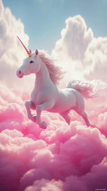 Rainbow candy trail behind a unicorn running happily across pink clouds, in a cute unicorn wallpaper.