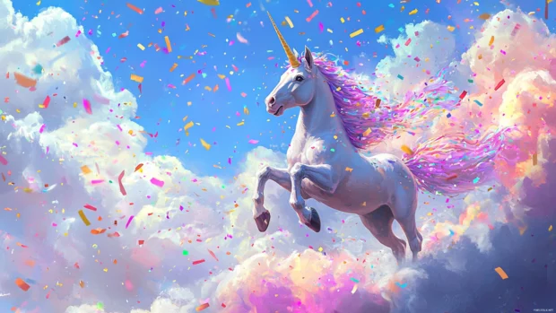 Rainbow confetti rains down on a unicorn dancing on a cloud in this High Resolution Unicorn Wallpaper.