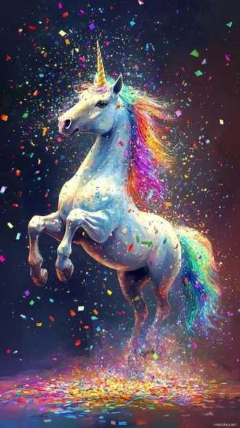 Rainbow confetti rains on a dancing Unicorn.