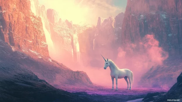 Rainbow mist surrounds the unicorn in a surreal canyon.