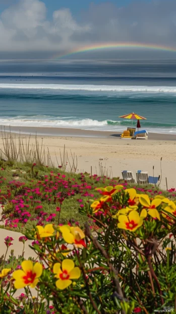 Rainbow over sea at a stylish preppy beach.