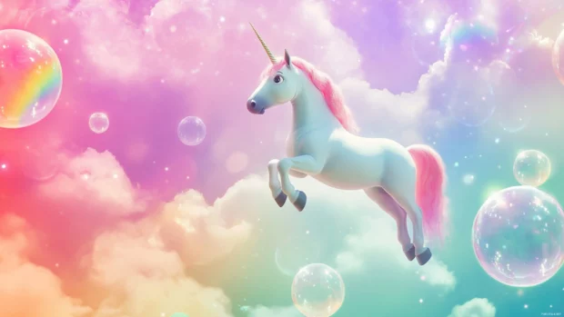 Rainbow sky with cartoon unicorn floating through bubbles in this Aesthetic unicorn wallpaper HD.