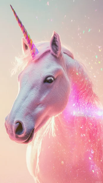 Rainbow trails shine behind a pink unicorn in this soft Pink Unicorn Wallpaper for.