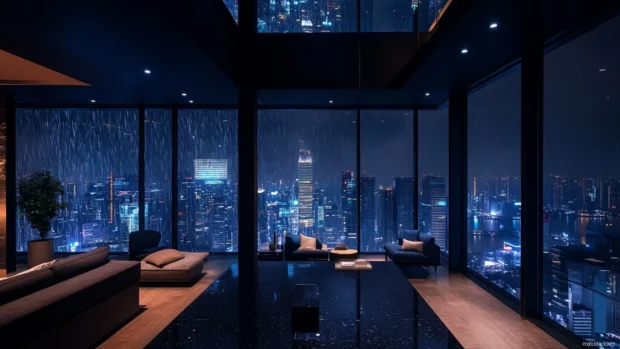 Raindrops streak across windows overlooking the Nighttime City.