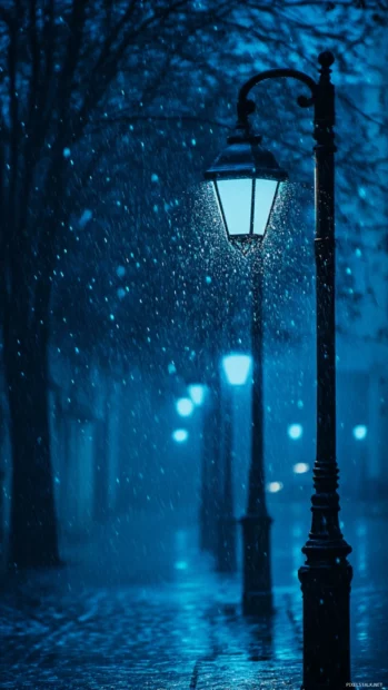 Rainfall adds drama to a silent Dark City Wallpaper setting with glowing blue tones.
