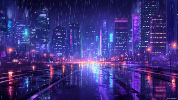 Raining city wallpaper at night with neon reflections on wet asphalt.