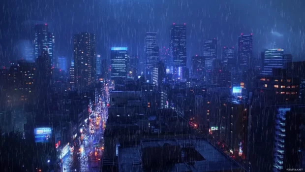 Raining city wallpaper scene captured with cinematic depth of field.